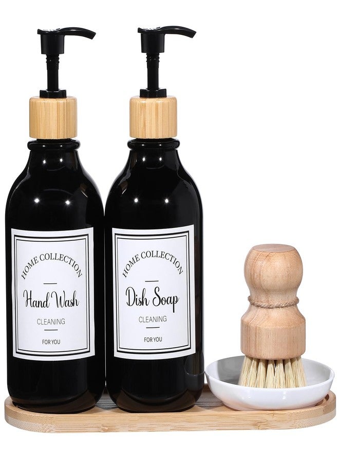 Zopeal 4 Pcs 16 oz Kitchen Soap Dispenser Set with Bamboo Tray and Dish Brush Plastic Soap Dispenser Set with Waterproof Labels for Hand Dish Lotion(Black) - Image 1